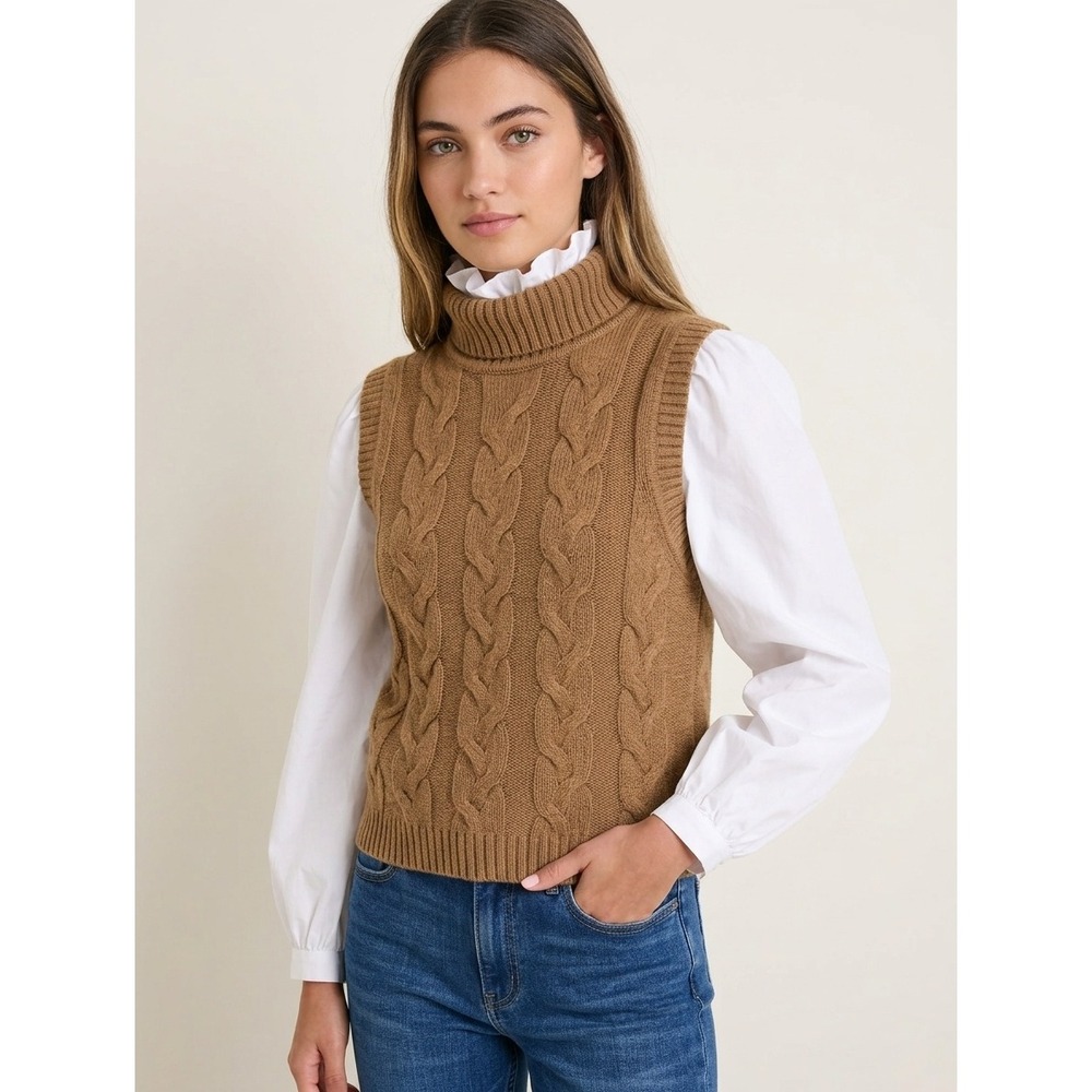 GAP Sweater Vest Size XXS Camel Brown Cable Knit Turtleneck Preppy Dark Academia